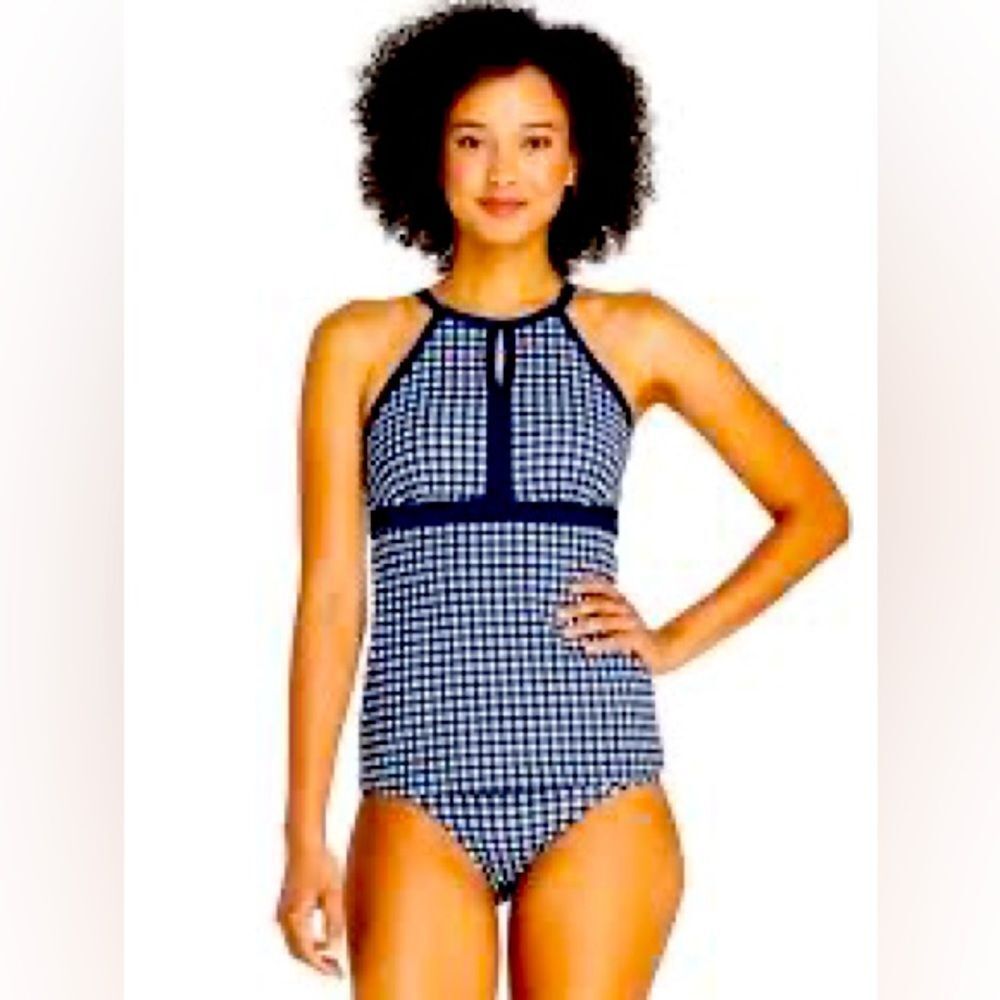 Land’s End Draper James keyhole, tankini Soft  cup navy and white print 8